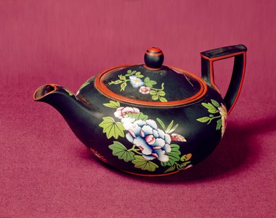 Black basalt Wedgwood teapot, enamelled with flowers, c.1840-50 by English School